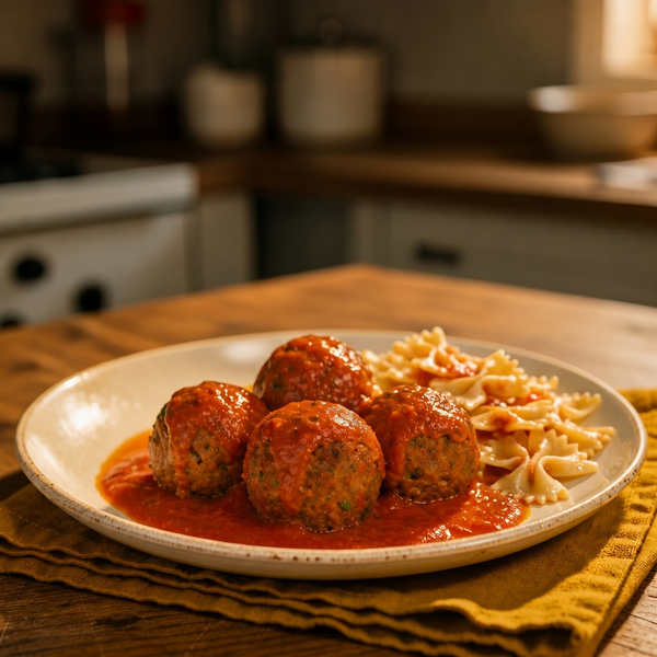 Almôndegas  de Carne com Farfalle e Molho de Tomate