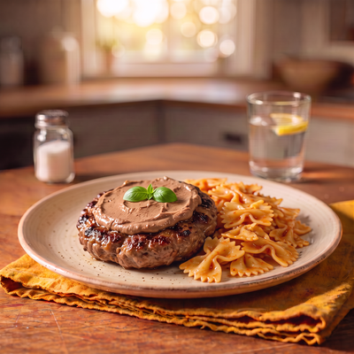 Hambúrguer de Carnes com Paté e Farfalle