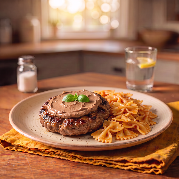 Hambúrguer de Carnes com Paté e Farfalle