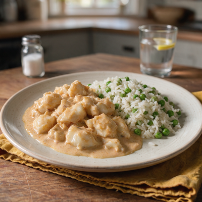 Strogonoff de Pescada com Arroz de Ervilhas