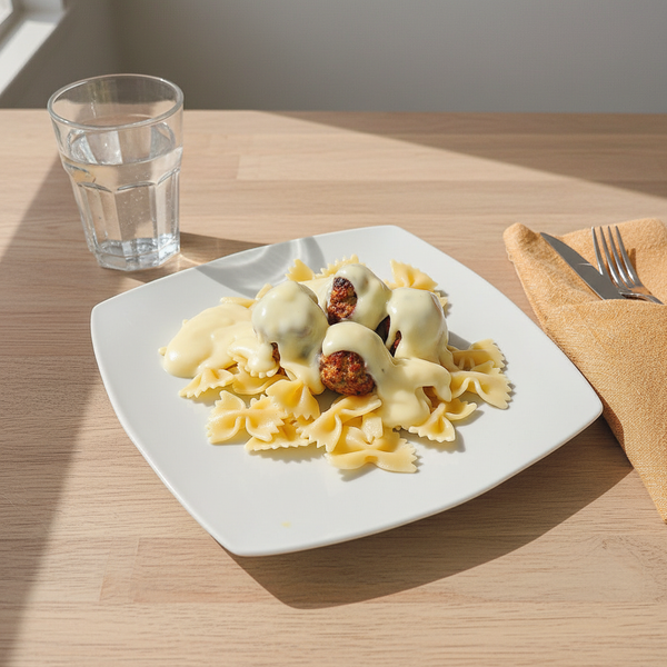 Almôndegas  de Carne com Farfalle e Molho da Casa