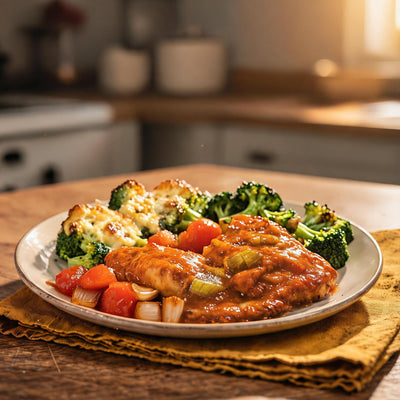 Frango Estufado com Brócolos Gratinados