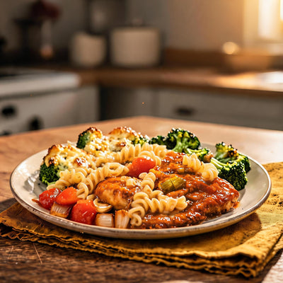 Frango Estufado com Fusilli e Brócolos Gratinados
