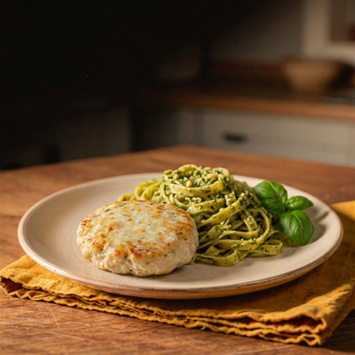 Hambúrguer de Frango com Fettuccine e Molho Pesto
