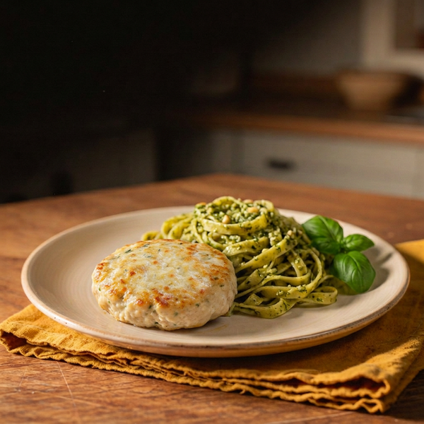 Hambúrguer de Frango com Fettuccine e Molho Pesto
