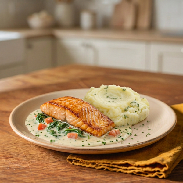 Salmão Cremoso com Espinafres e Puré Low Carb